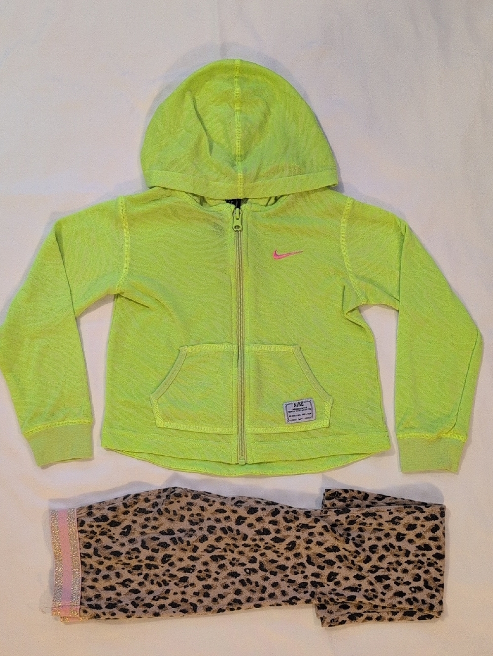 Nike Girls Size 5 Outfit Lime Hoodie + 365 Kids Leopard Bell Bottoms Bundle